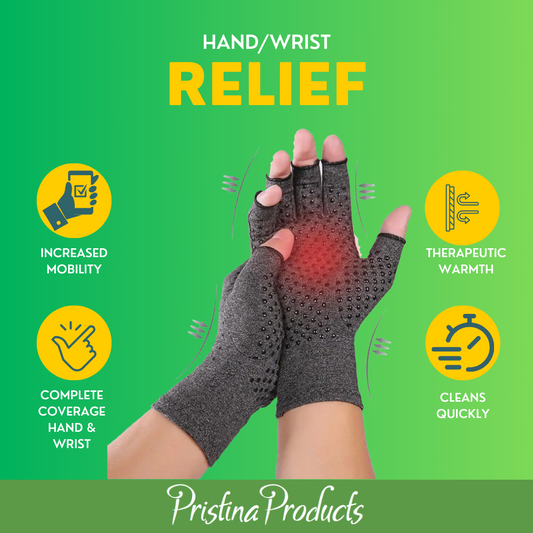 Experience hand relief with PristinaProducts' Hand/Wrist Relief Gloves featuring open finger design and compression technology for effective relief.