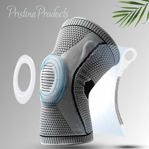 A Knee Relief knee brace from PristinaProducts with an innovative technology feature and a green leaf.