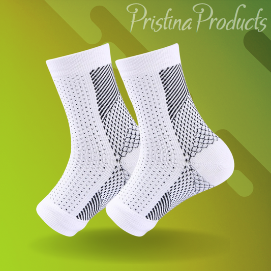 These PristinaProducts compression socks feature the words "Prestina Products" and provide support for your ankles.