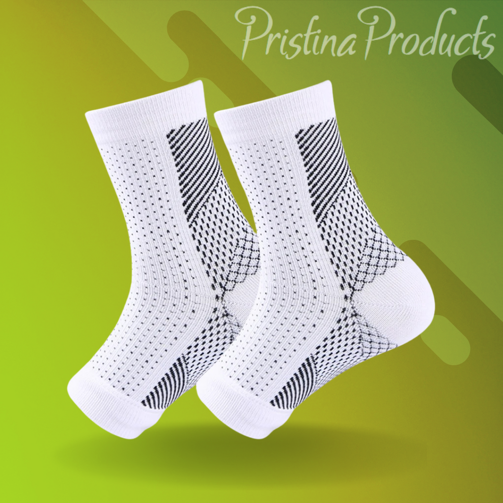 These PristinaProducts compression socks feature the words 